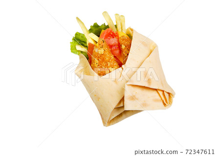 meat and vegetables in pita bread on a white background 72347611