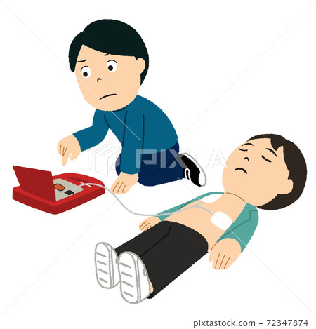 Illustration of lifesaving disaster prevention drill with AED 72347874