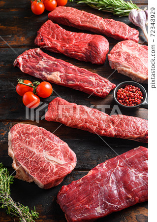 Set of fresh raw alternative beef steaks flap Set of fresh raw alternative beef steaks flap 72348929