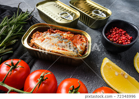 Tin can of mackerel, Scombridae opened and closed 72348996