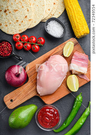 Ingredients for Mexican tacos with chicken meat, 72349554