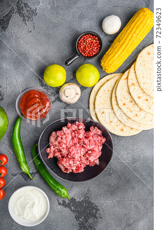 Traditional homemade taco ingredients with meat 72349623