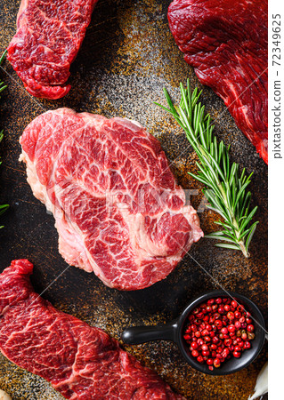 Close up top blade steak cutwith set of different 72349625
