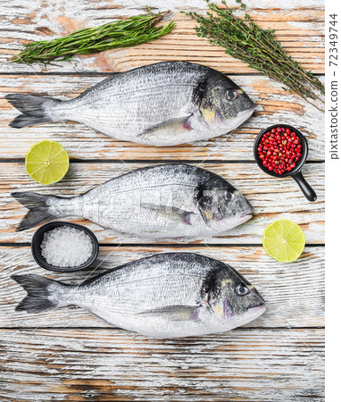 Set of raw dorado Sea bream fish with herbs for 72349744