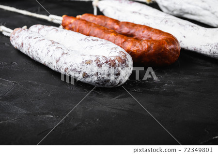 Traditional spanish sausages fuet and chorizo on 72349801