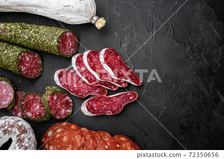 Set of dry cured salami, spanish sausages, slices Set of dry cured salami, spanish sausages, slices 72350656