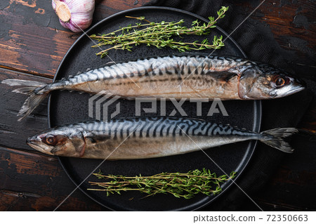 Mackerel with ingredients on wooden table, top 72350663