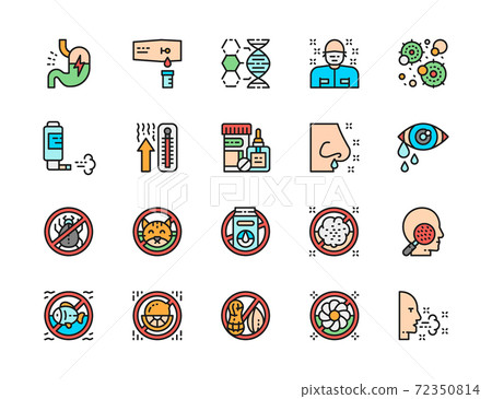 Set of Allergy Flat Color Line Icons. Patient, Thermometer, Microbes and more 72350814