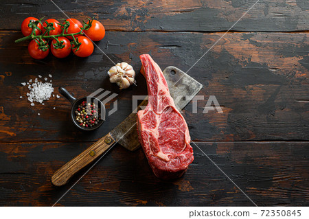 Raw market steak on meat cleaver. Organic farm 72350845