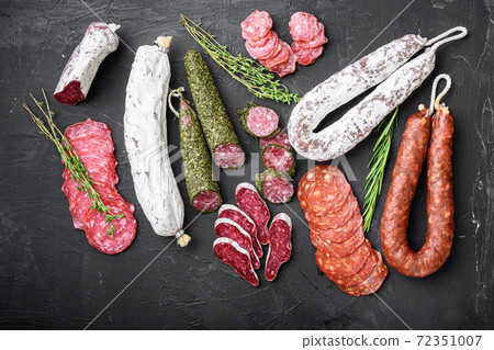 Set of dry cured salami, spanish sausages, slices 72351007