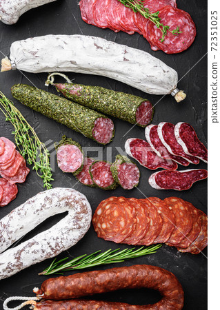 Set of dry cured salami, spanish sausages, slices 72351025