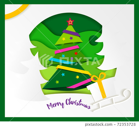 Greeting card Merry Christmas. Paper ribbon on Christmas tree with star. Greeting card Merry Christmas. Paper ribbon on Christmas tree with star. 72353728