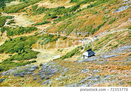 Peaceful abandoned old cottage at summer sunset in the mountains. Country house in the village. Wooden cottage on the mountain Peaceful abandoned old cottage at summer sunset in the mountains. Country house in the village. Wooden cottage on the mountain 72353778