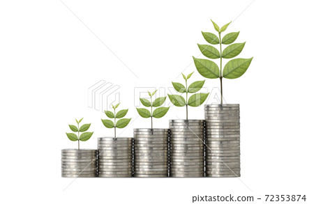 Business investment and saving growth for advertising concept. Plant growing on stacking coin on isolated and white background studio, meaning of growing or saving or earning money Business investment and saving growth for advertising concept. Plant growing on stacking coin on isolated and white background studio, meaning of growing or saving or earning money 72353874