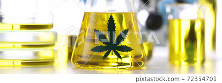 Glass flask with marijuana oil stands on table in chemical laboratory closeup 72354701