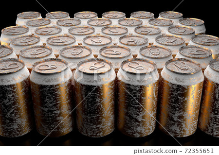 Group of frozen gold aluminum energy drink cans from above closeup full frame 72355651