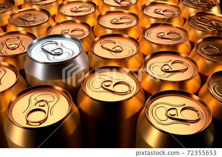 Unique silver can among group of golden recyclable cans cans. View from above Unique silver can among group of golden recyclable cans cans. View from above 72355653