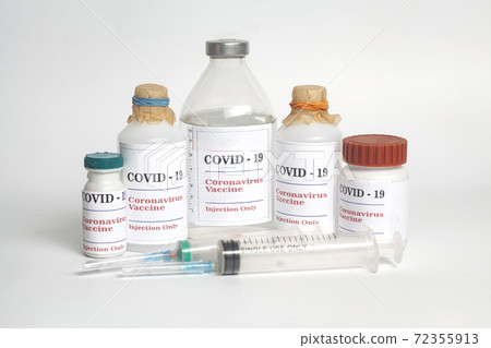 Coronavirus Vaccine injection vials medicine drug bottles Covid-19 with syringe 72355913