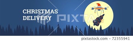 Banner contactless christmas delivery. The drone carries a decorated fir tree over the forest. Background with place for text. Vector 72355941
