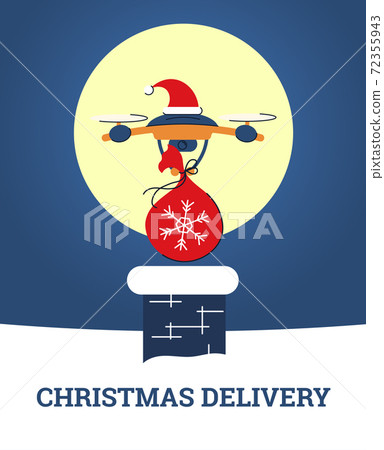 Contactless Christmas delivery. The drone puts a bag of gifts into the chimney of the house. Background with place for text. Vector 72355943