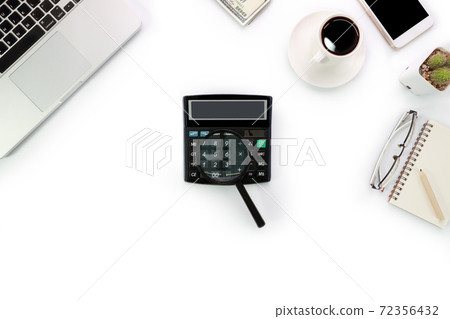 simple workspace technology white table with laptop computer, coffee cup notebook and copy space 72356432