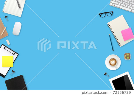 top view workspace business blue table with laptop computer, office supplies and coffee cup using for background top view workspace business blue table with laptop computer, office supplies and coffee cup using for background 72356729