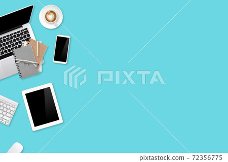 top view workspace business green and white table with laptop computer, cell phone, tablet, office supplies and coffee cup using for background 72356775