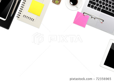 flat lay workspace table with laptop computer, office supplies, coffee cup, cell phone, tablet and coffee cup on white background 72356965
