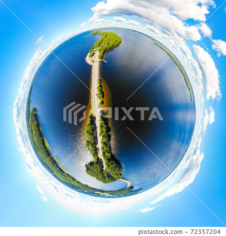 Aerial panoramic view in form of small planet of Pulkkilanharju Ridge on lake Paijanne, Paijanne National Park, Finland. Drone photography 72357204