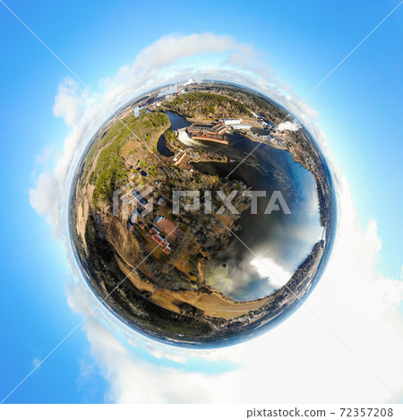 A three dimensional panoramic view of hydroelectric power generation plant and Ankkapurha Industrial Museum at Kymijoki river, Finland in a mini planet panorama style. A three dimensional panoramic view of hydroelectric power generation plant and Ankkapurha Industrial Museum at Kymijoki river, Finland in a mini planet panorama style. 72357208