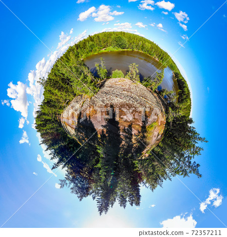 A three dimensional panoramic view of of rapid Ahvionkoski at Kymijoki river, Finland, in a mini planet panorama style. A three dimensional panoramic view of of rapid Ahvionkoski at Kymijoki river, Finland, in a mini planet panorama style. 72357211