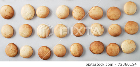 A pattern of small pancakes. Background from orange toasted round biscuits. home bakery. banner A pattern of small pancakes. Background from orange toasted round biscuits. home bakery. banner 72360154