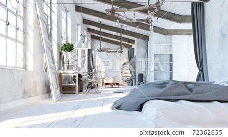Loft living room. Interior design. Garret. Bedroom in loft style. 3d Illustration Loft living room. Interior design. Garret. Bedroom in loft style. 3d Illustration 72362655