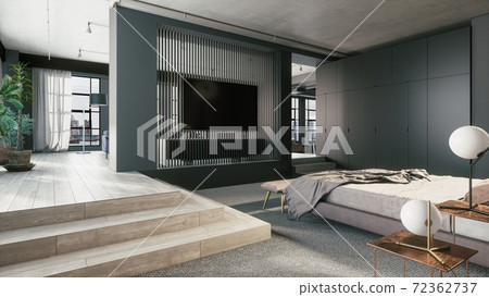 Modern bedroom. Dark grey interior 72362737