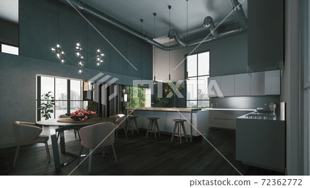 Modern kitchen studio. Dark grey interior. Modern kitchen studio. Dark grey interior. 72362772