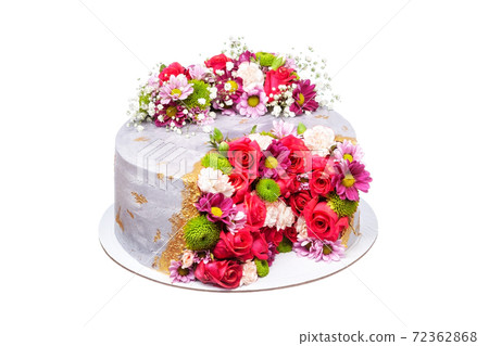 Colorful original flower cake for wedding anniversary. On a white isolated background. 72362868