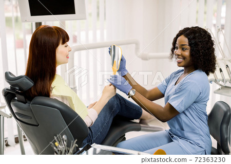 Smiling young female african dentist speaking with her happy Caucasian woman patient in modern dental clinic and showing her healthy teeth in the mirror. Successful dental treatment 72363230