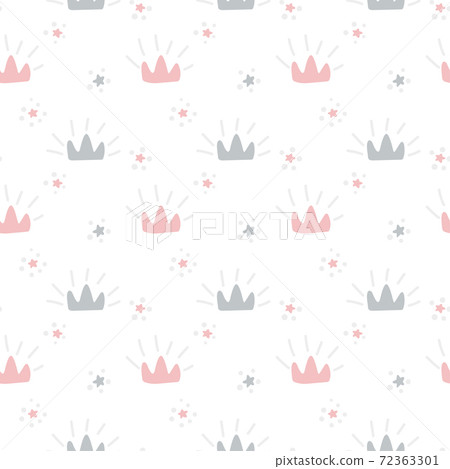Vector seamless retro pattern with pink and gray crowns. scandinavian style isolated on white background for kids. Hand drawn cartoon illustration for posters, prints, cards, fabric, children books 72363301