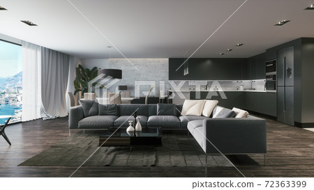 Modern design of the kitchen-living room in gray tones. 3d illustration Modern design of the kitchen-living room in gray tones. 3d illustration 72363399