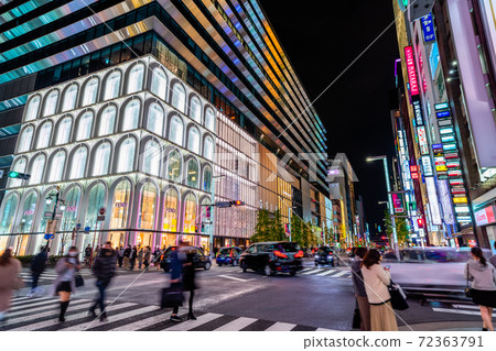 Ginza 5-chome intersection at night in Tokyo Ginza 5-chome intersection at night in Tokyo 72363791