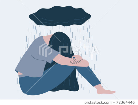 Unhappy girl sitting and dark cloud above her 72364446