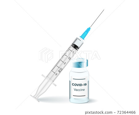 Plastic syringe with needle and bottle. Vaccination concept 72364466