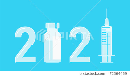 2021 logo with antiviral covid 19 vaccine. Vaccine bottle 72364469
