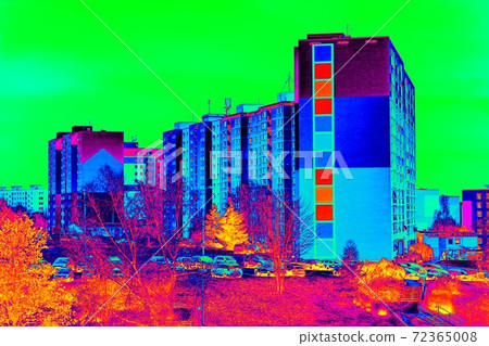 Flat house in cold surrounding scan. Thermal color spectre scale. Infra or thermography photo Flat house in cold surrounding scan. Thermal color spectre scale. Infra or thermography photo 72365008