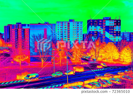 Flat house in cold surrounding scan. Thermal color spectre scale. Infra or thermography photo 72365010