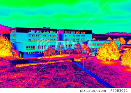 Flat house in cold surrounding scan. Thermal color spectre scale. Infra or thermography photo Flat house in cold surrounding scan. Thermal color spectre scale. Infra or thermography photo 72365011