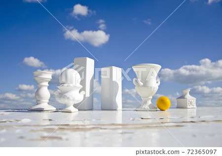 still-life with white vases and yellow billiards ball still-life with white vases and yellow billiards ball 72365097