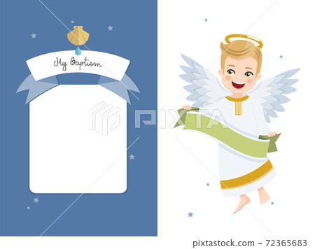 Angel with ribbon. Baptism horizontal invitation on blue sky and stars invitation. Vector illustration 72365683