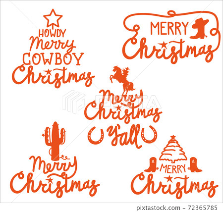 Cowboy Merry Christmas set with typography text. Vector cowboy labels for greeting cards or banners isolated on white Cowboy Merry Christmas set with typography text. Vector cowboy labels for greeting cards or banners isolated on white 72365785