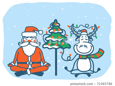 Yoga Christmas card. Santa and bull meditation in winter Christmas holiday. Vector color hand drawn color ilustration of symbol of New Year Yoga Christmas card. Santa and bull meditation in winter Christmas holiday. Vector color hand drawn color ilustration of symbol of New Year 72365786